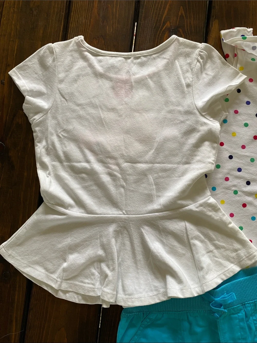 Girls White Peace Peplum Tee with Polka Dot Ruffle Tank & Turquoise Shorts New